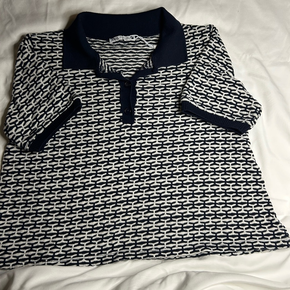 Girl  Navy Zara and White Patterned Polo Shirt